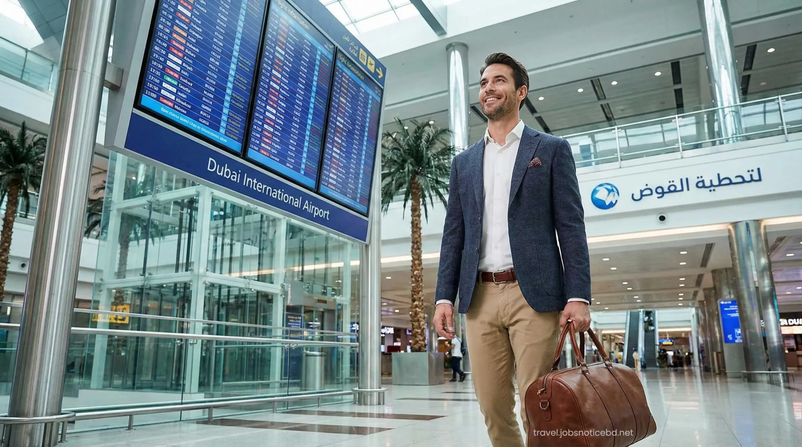 Job seeker arriving at Dubai Airport with new visa.