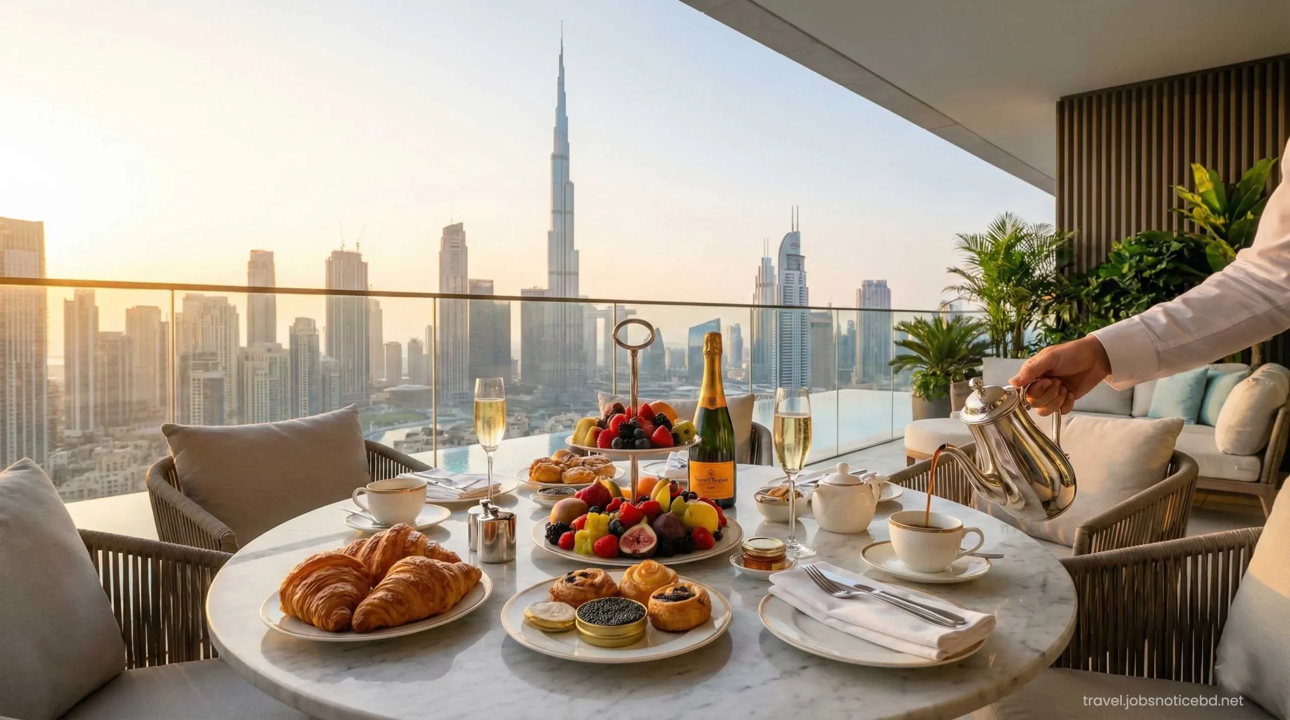 Lavish Eid breakfast spread on a luxury hotel balcony in Dubai Marina.