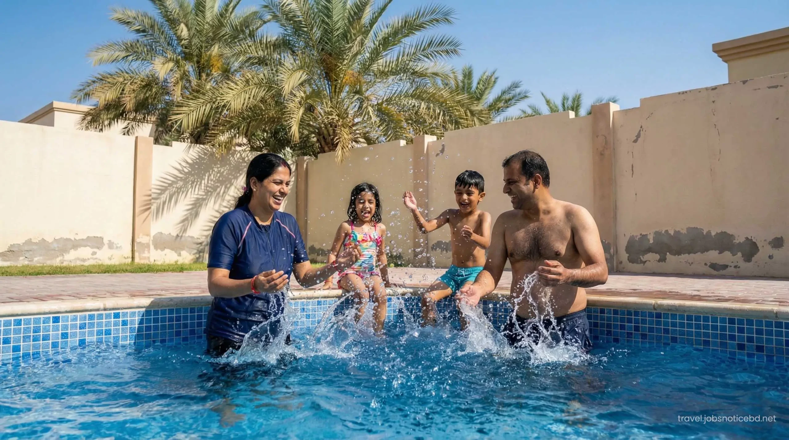 Happy family enjoying private pool villa in UAE budget staycation.