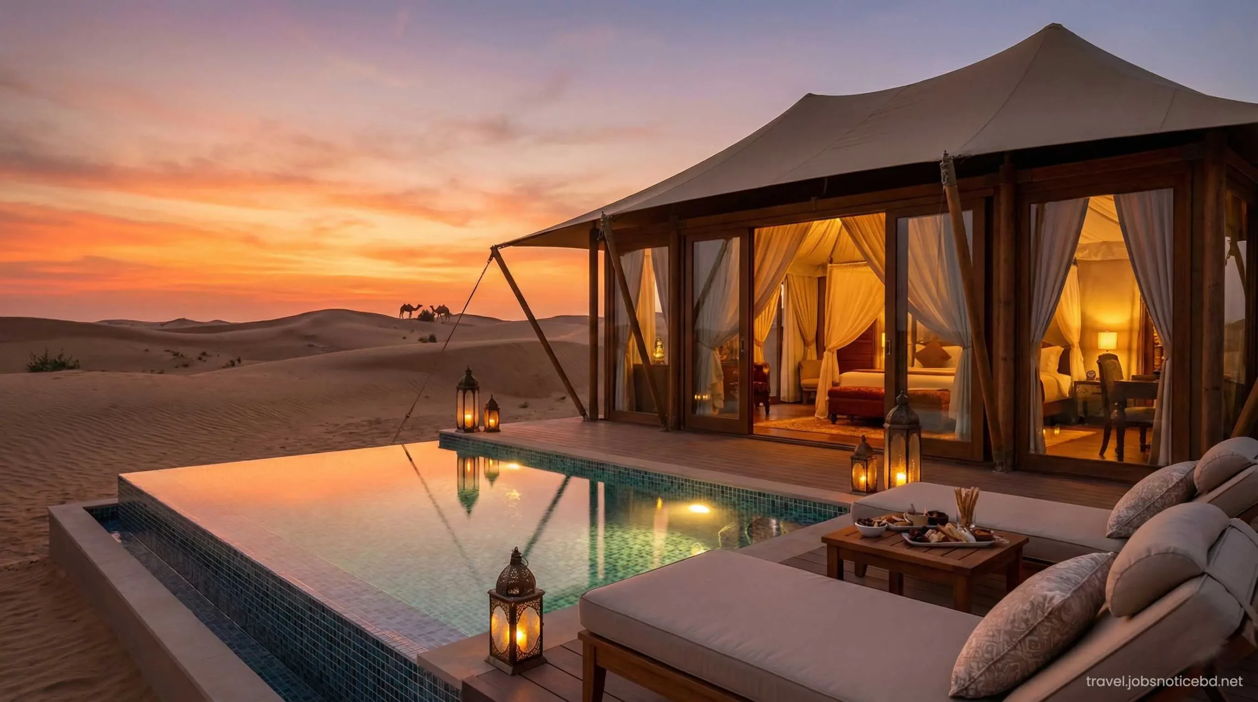 Luxury glamping tent with private pool in the UAE desert.