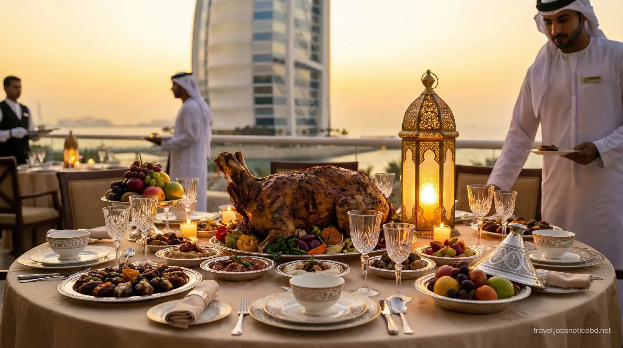 Premium gourmet Iftar buffet spread with Dubai skyline views.