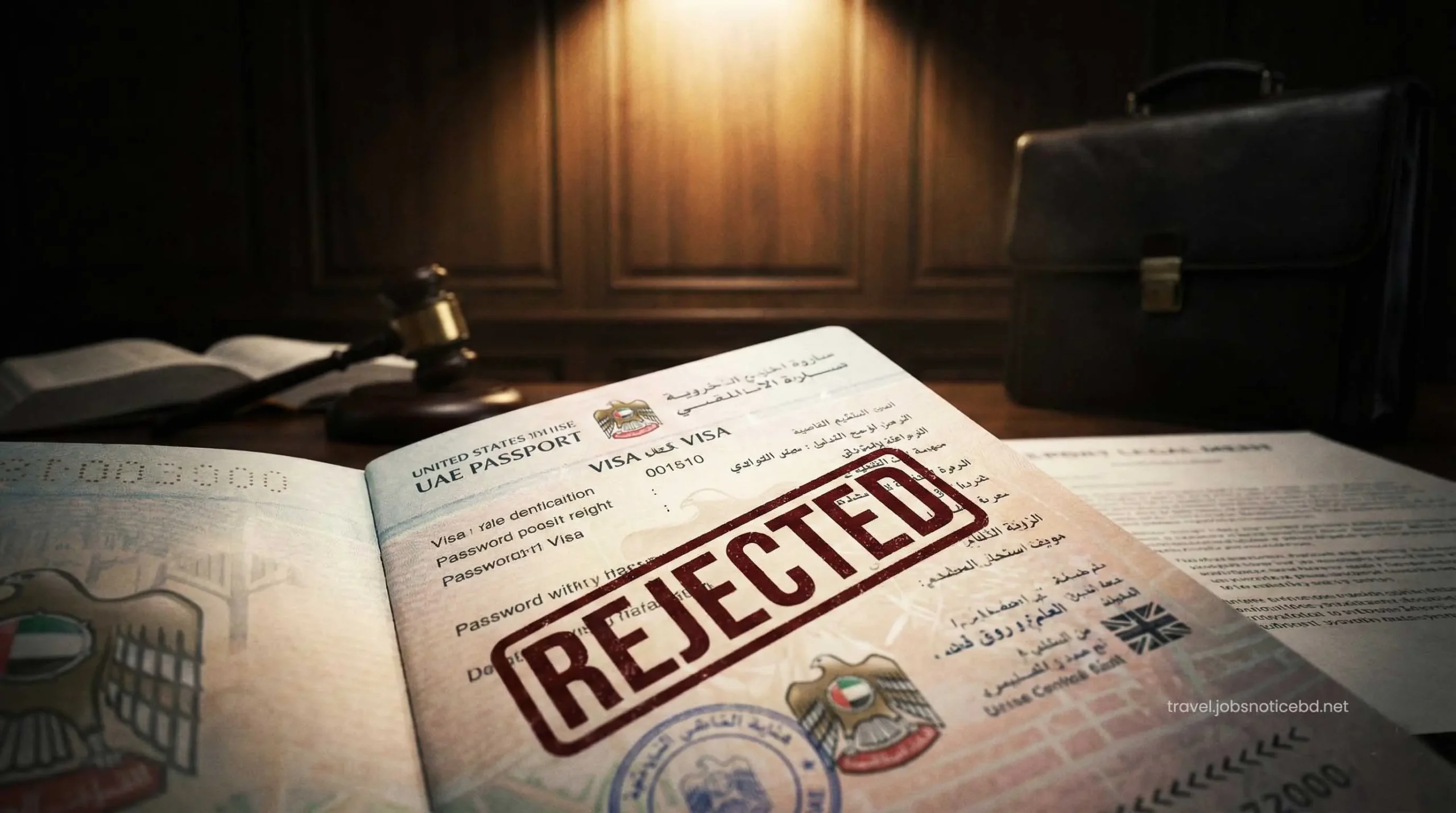 UAE travel ban and immigration rejected stamp concept.