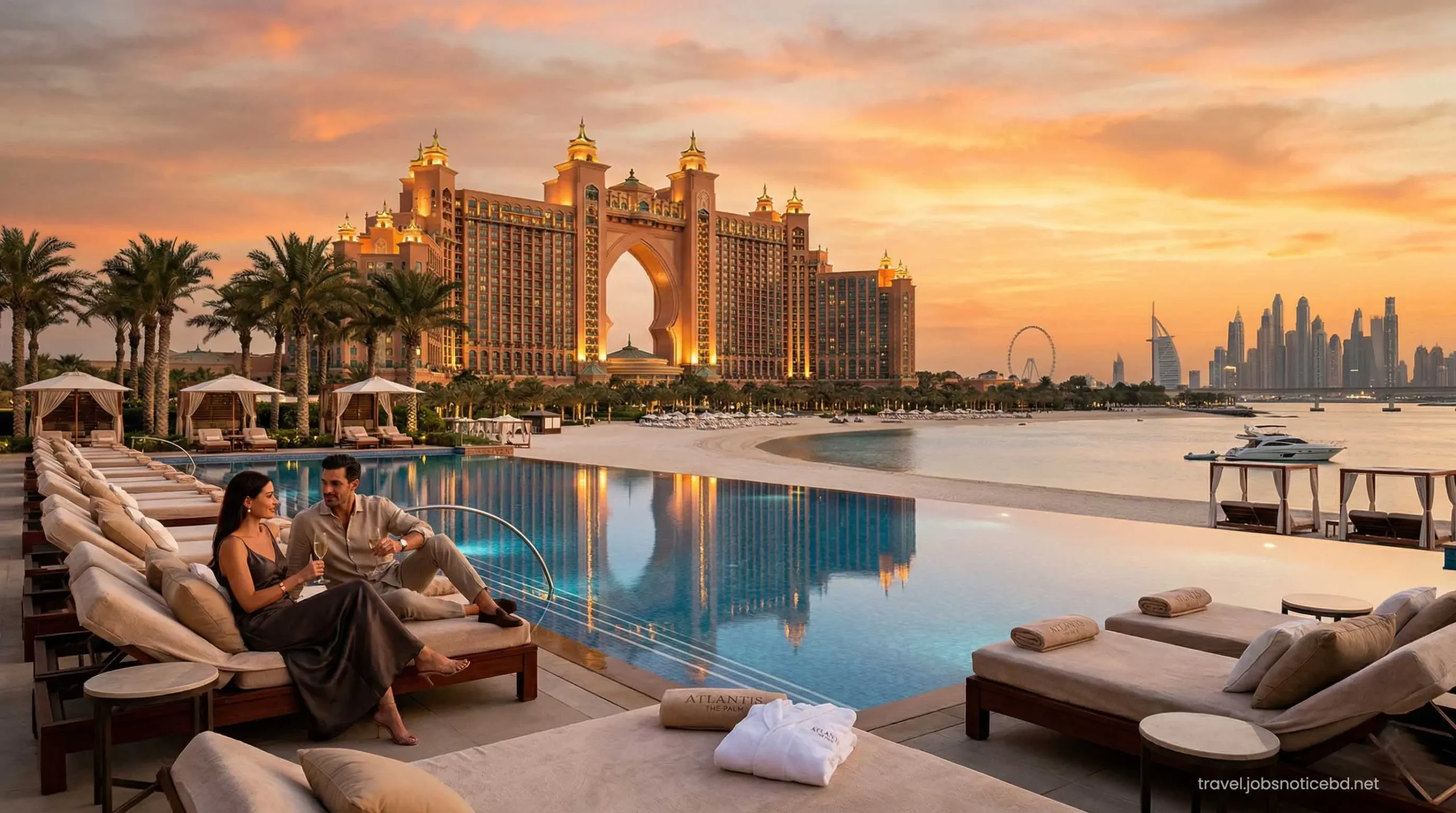 Atlantis The Palm luxury resort in Dubai during golden hour showing VIP travel lifestyle.