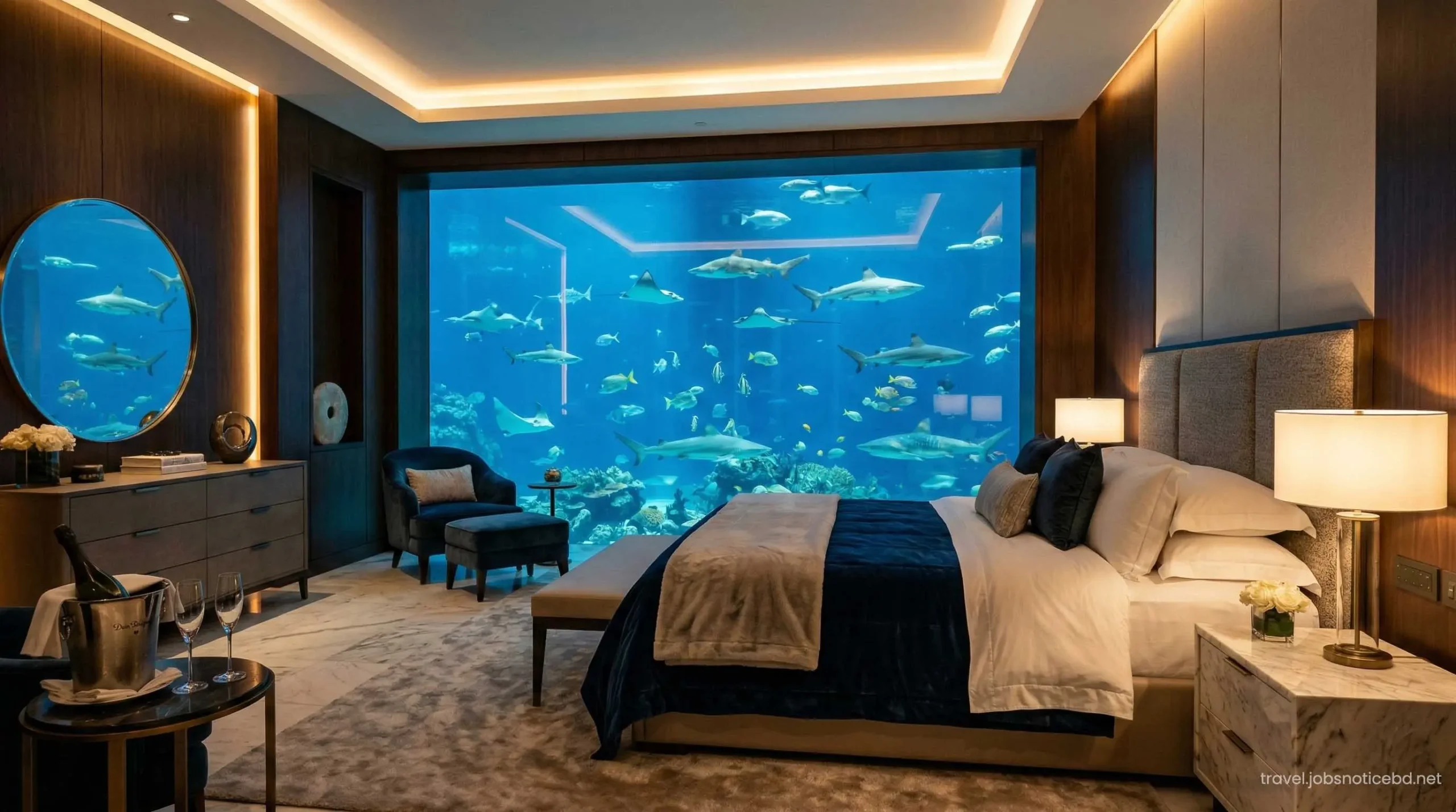 Master bedroom view of the Atlantis Underwater Suite aquarium in Dubai.