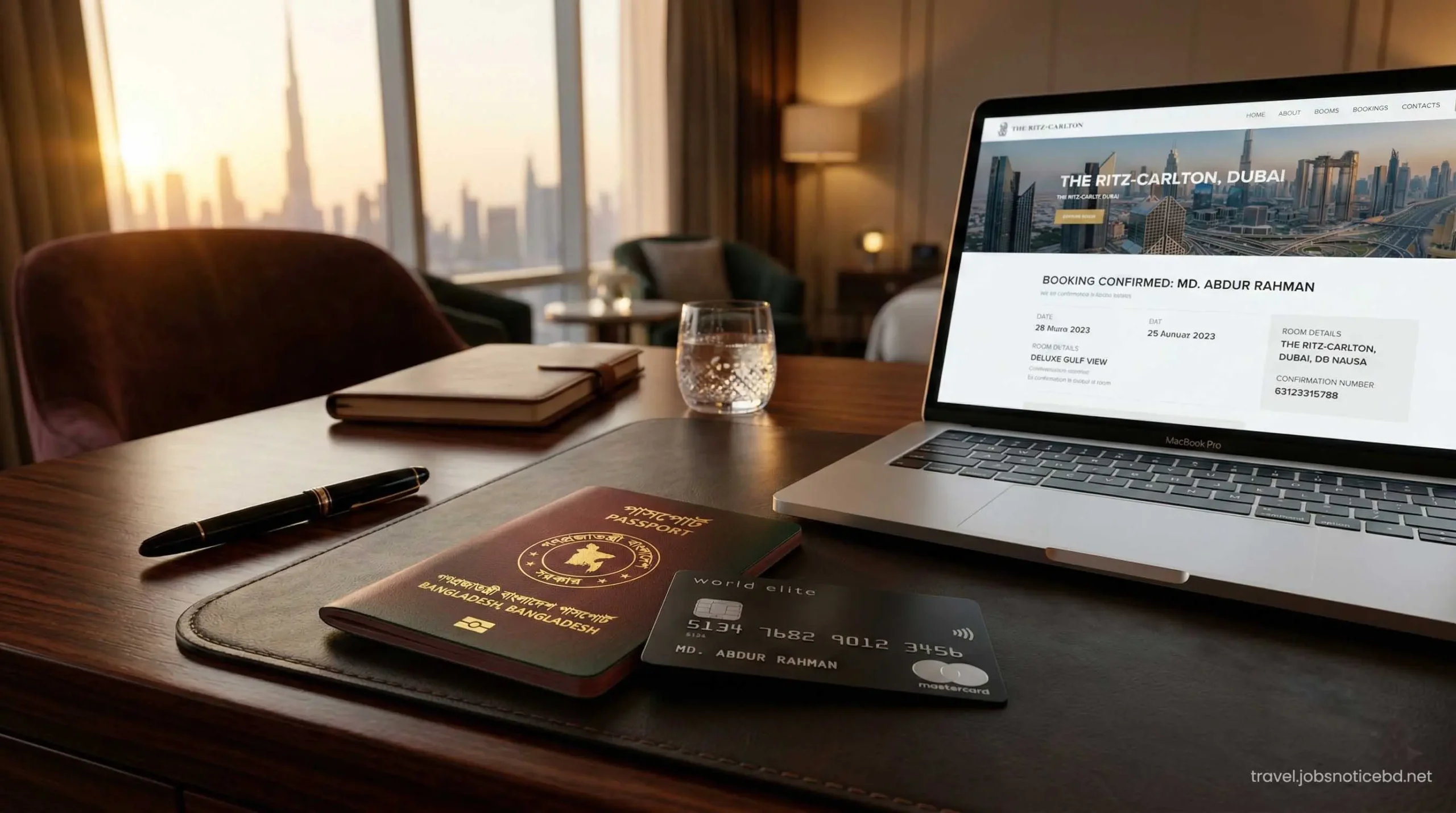 South Asian passport and premium credit card for Dubai luxury hotel booking.