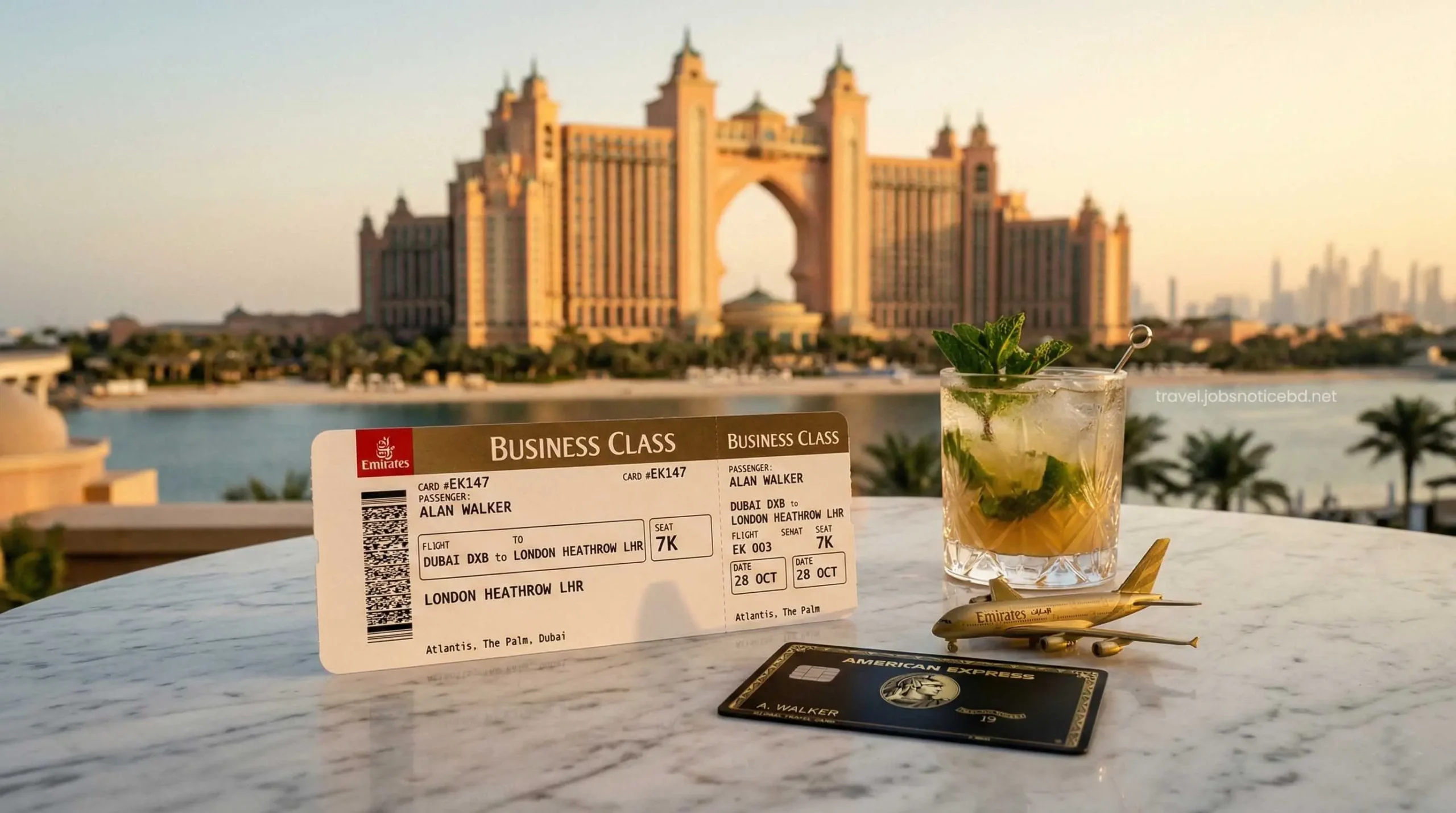 Emirates Airlines premium boarding pass and travel credit card at Atlantis Dubai.