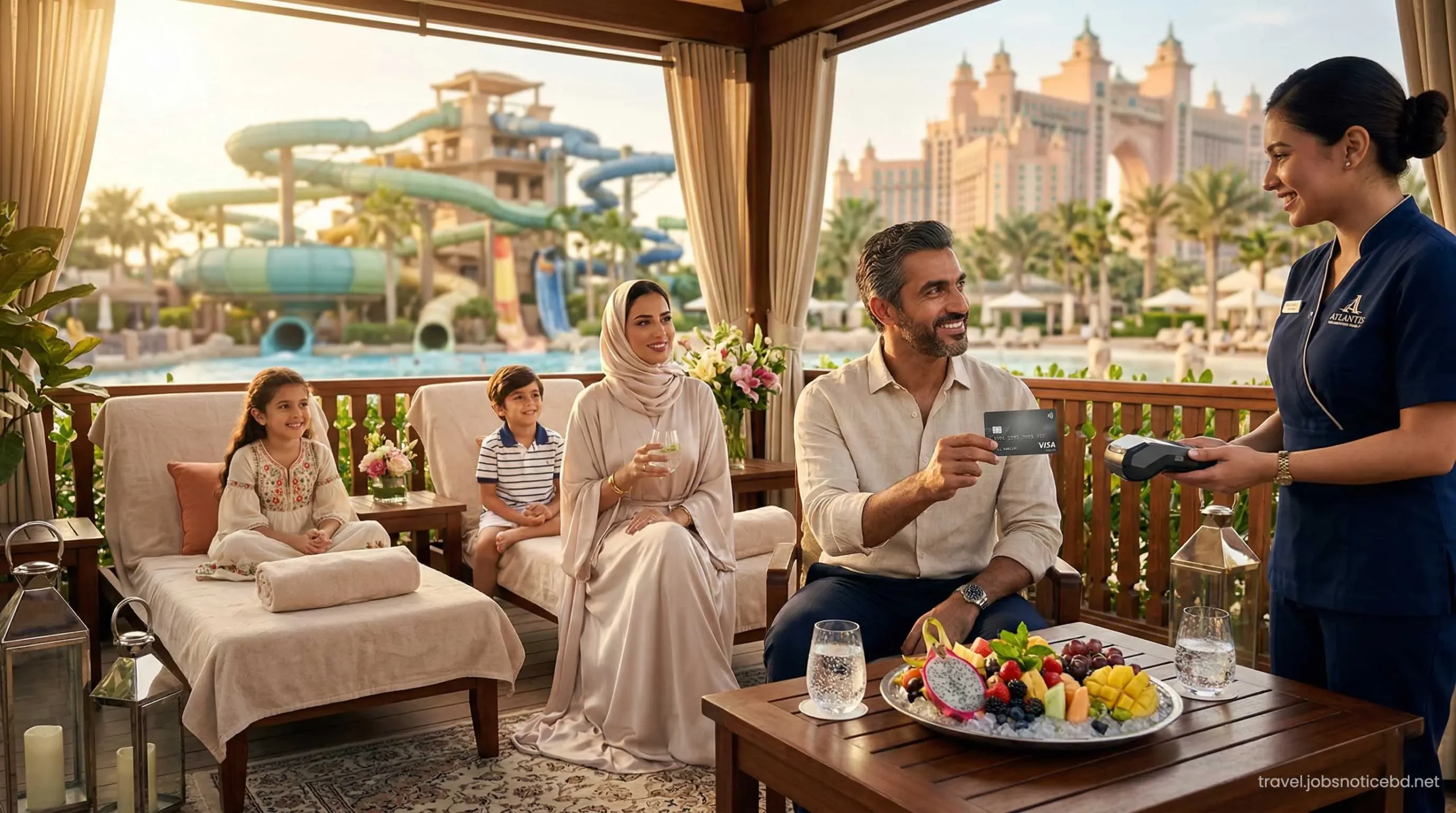 Arab family relaxing in a VIP cabana at Atlantis Aquaventure Dubai.