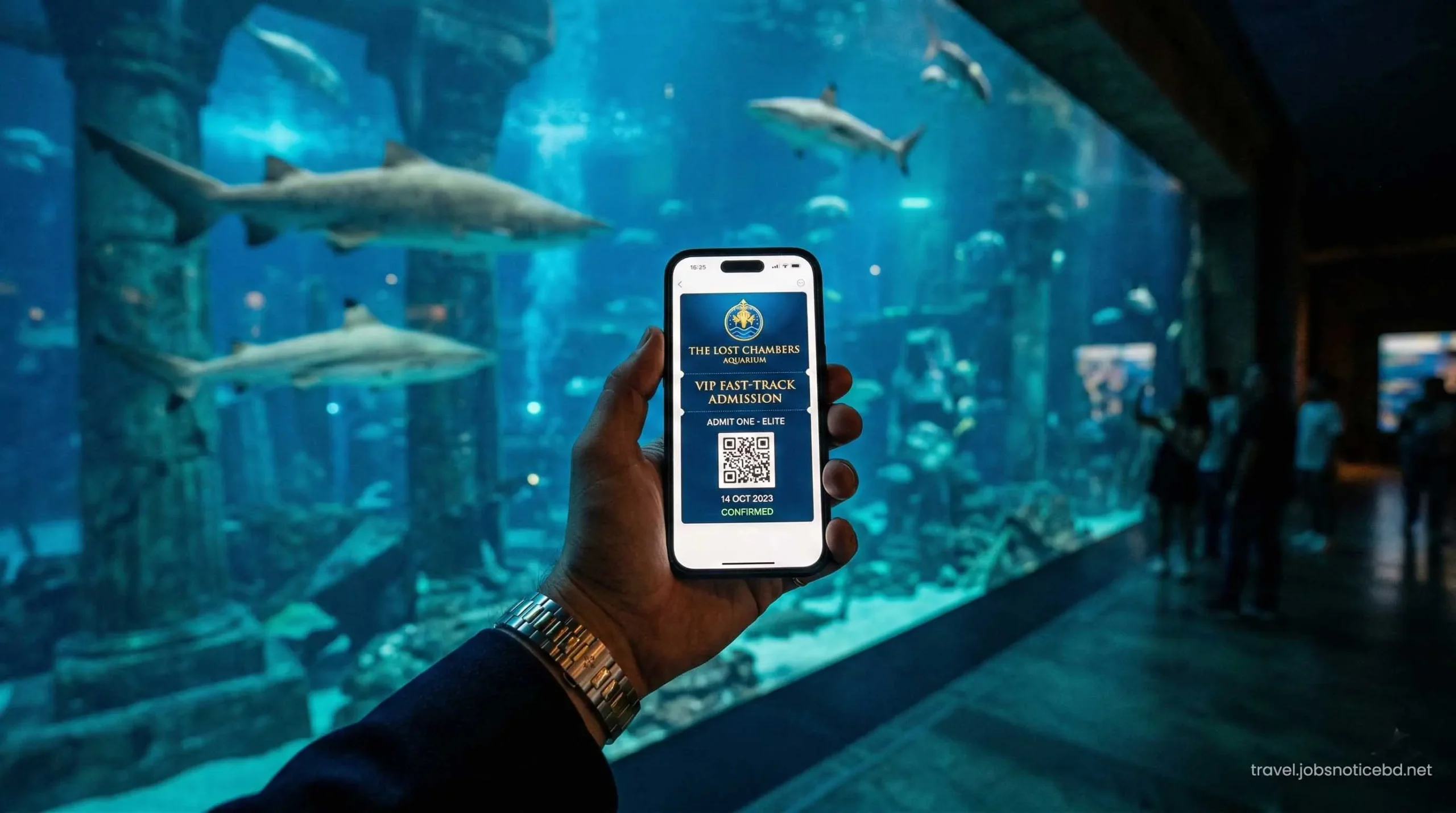 Using a smartphone for VIP fast-track tickets at The Lost Chambers Aquarium Dubai.