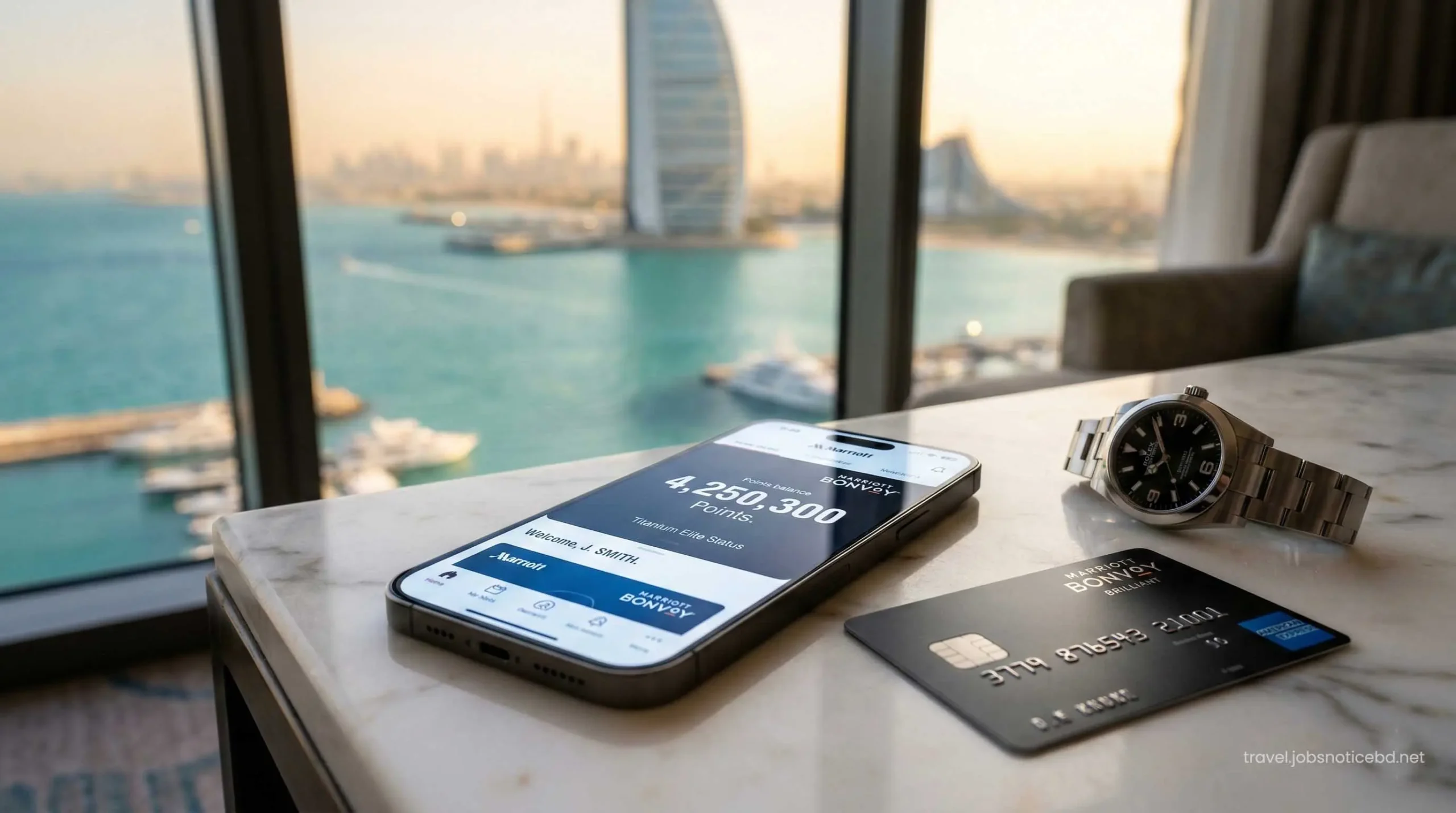 Checking Marriott Bonvoy points balance on a smartphone for Dubai hotel booking.