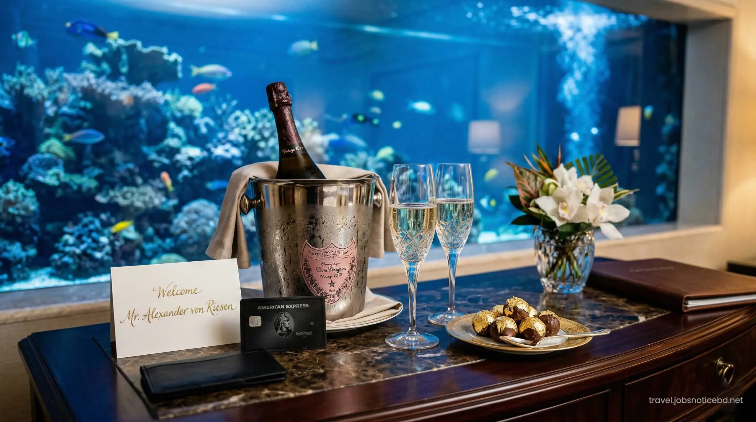 Premium credit card and VIP welcome amenities inside Dubai underwater suite.