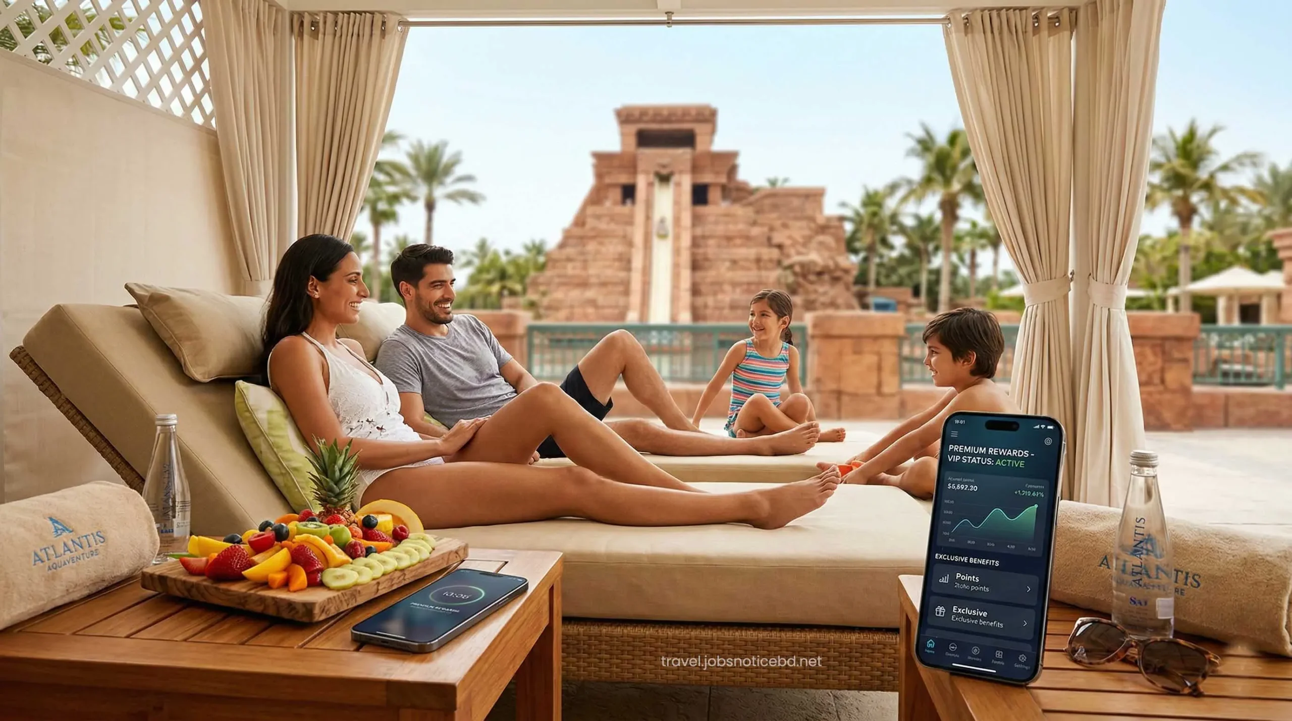 Family enjoying VIP cabana at Aquaventure using UAE bank reward points.